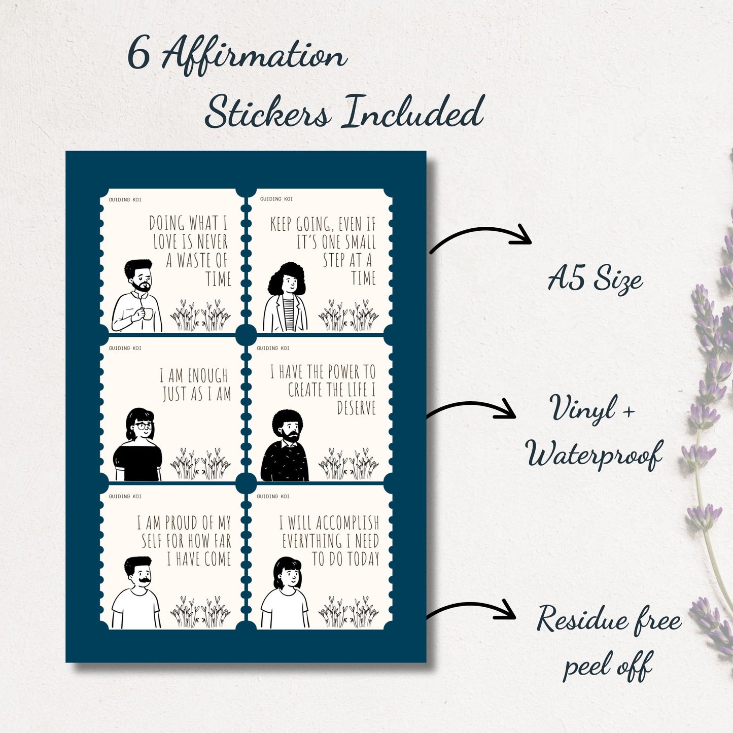 A5 affirmation sticker sheet with 6 motivational quotes printed on vinyl, waterproof, residue-free stickers, shown on a minimal aesthetic background.