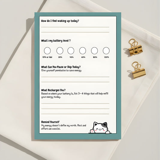 Guiding Koi Battery Check Notepad featuring daily wellness prompts for energy levels, self-care tasks, and mood reflection, placed on a white desk with gold clips - a mental health check-in sheet for improving daily wellbeing.