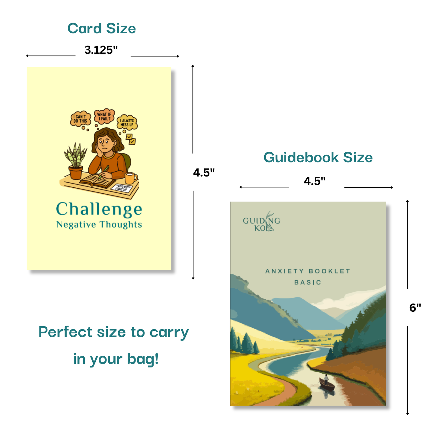 Size comparison of Guiding Koi’s Calm Deck card titled “Challenge Negative Thoughts” and the Anxiety Booklet guidebook, showing their compact, travel-friendly design.