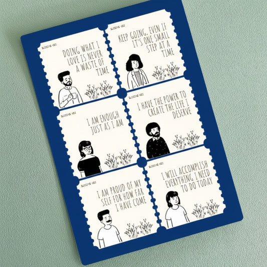 A5 motivational quote sticker sheet with 6 positive affirmation vinyl stickers featuring simple black-and-white illustrations and quotes like I Am Enough, Keep Going, and I Am Proud of Myself.