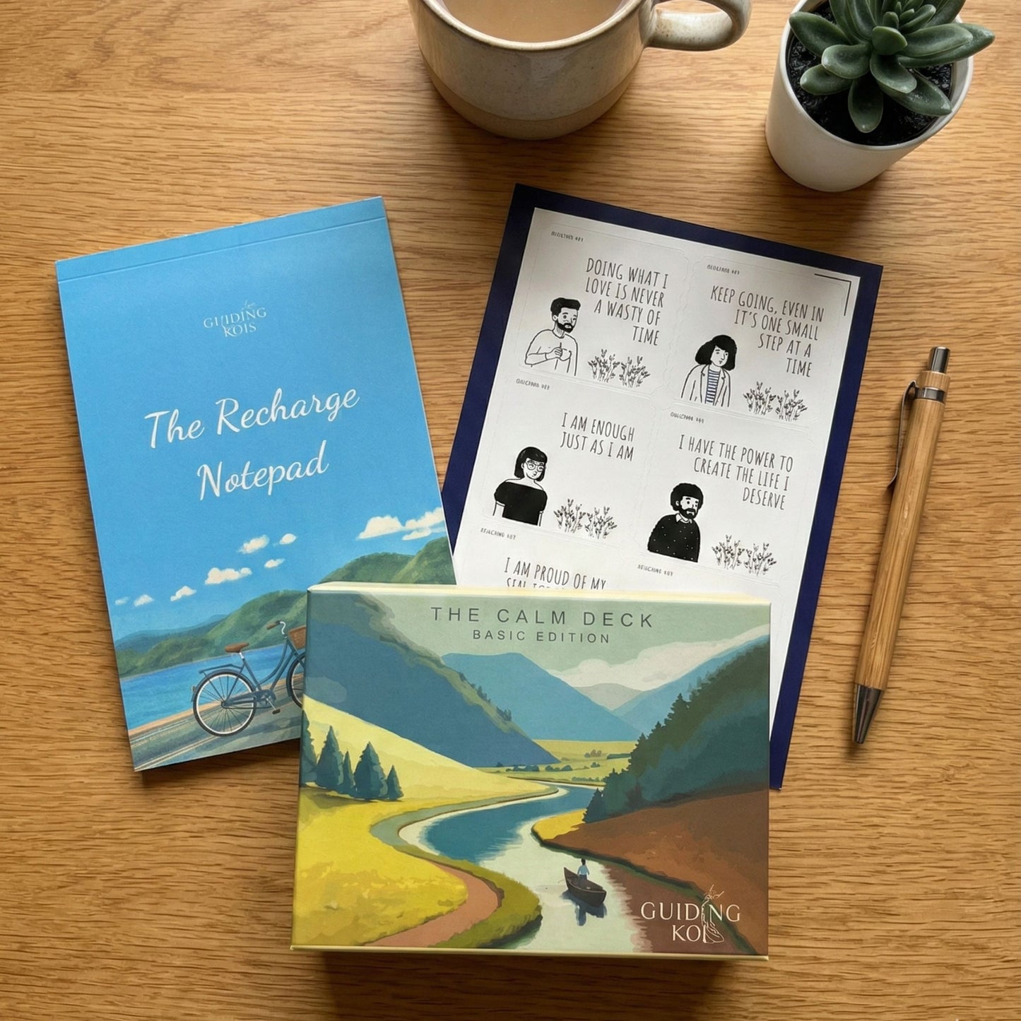 Guiding Koi Starter Calm Kit bundle – Calm Deck Basic, Recharge Notepad, and affirmation sticker sheet