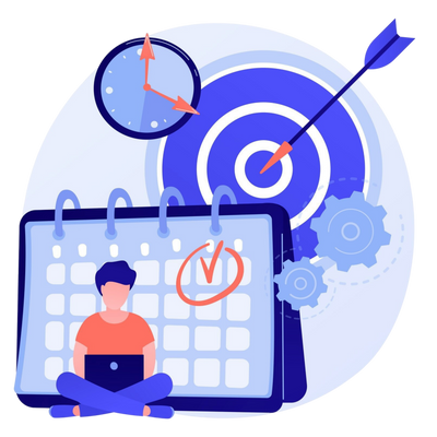 Illustration of a person sitting in front of a calendar with a target and arrow, symbolising how Guiding Koi calm deck helps improve focus, productivity, and stress management.