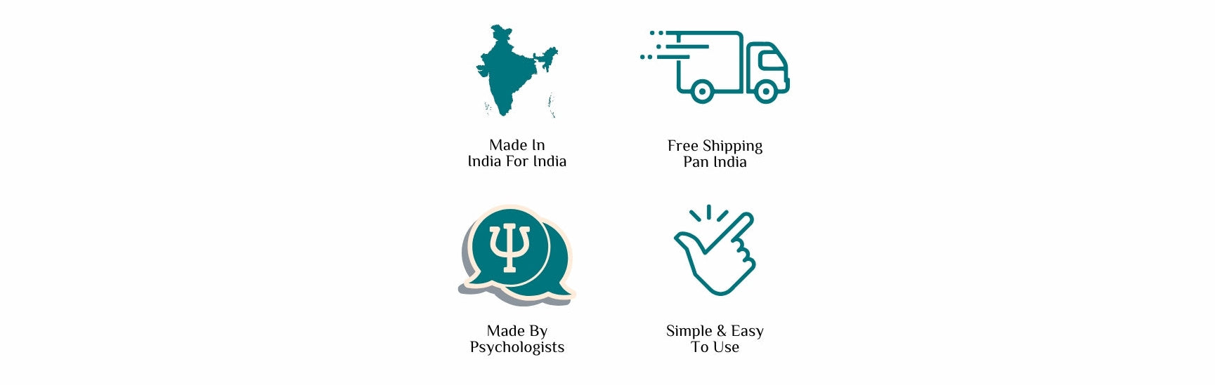 Guiding Koi's offerings are shown as a set of icons and text indicating 'Made in India for India'. 'Free Shipping Pan India', "Made by Psychologists", and "Simple & Easy To Use" on a white background.