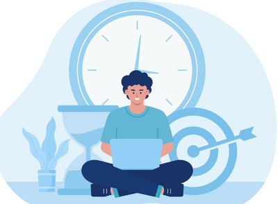 Person meditating with a clock and target in the background