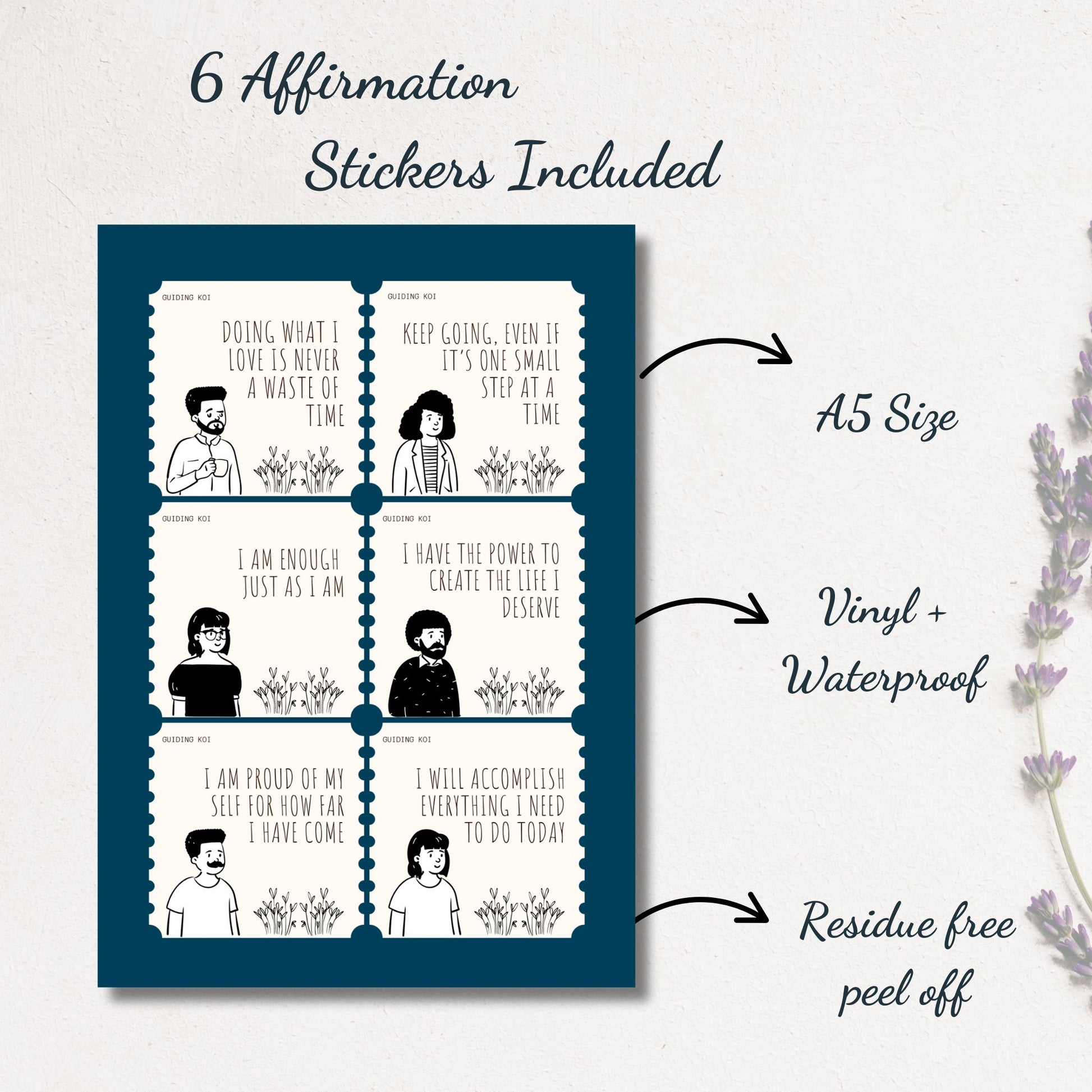 A5 affirmation sticker sheet with 6 motivational quotes printed on vinyl, waterproof, residue-free stickers, shown on a minimal aesthetic background.