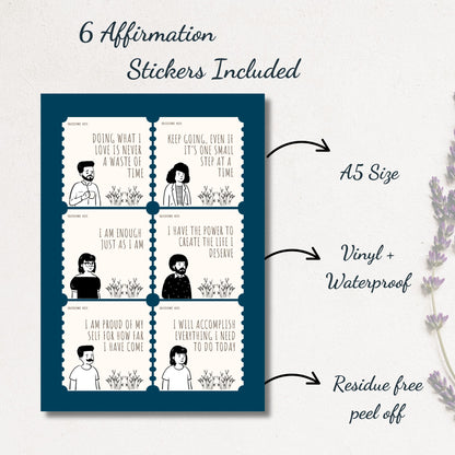 A5 affirmation sticker sheet with 6 motivational quotes printed on vinyl, waterproof, residue-free stickers, shown on a minimal aesthetic background.