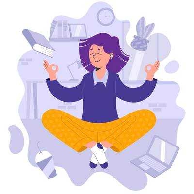 Illustration of a relaxed person meditating amid scattered papers and gadgets, symbolizing how Guiding Koi tools help lower stress and prevent burnout through mindful routines.