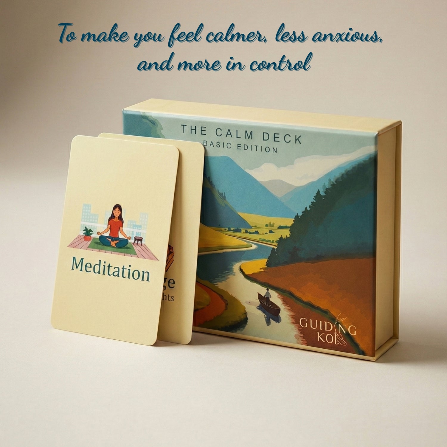 Guiding Koi Calm Deck displayed on a minimal desk – 15 strategies to feel calmer and less anxious