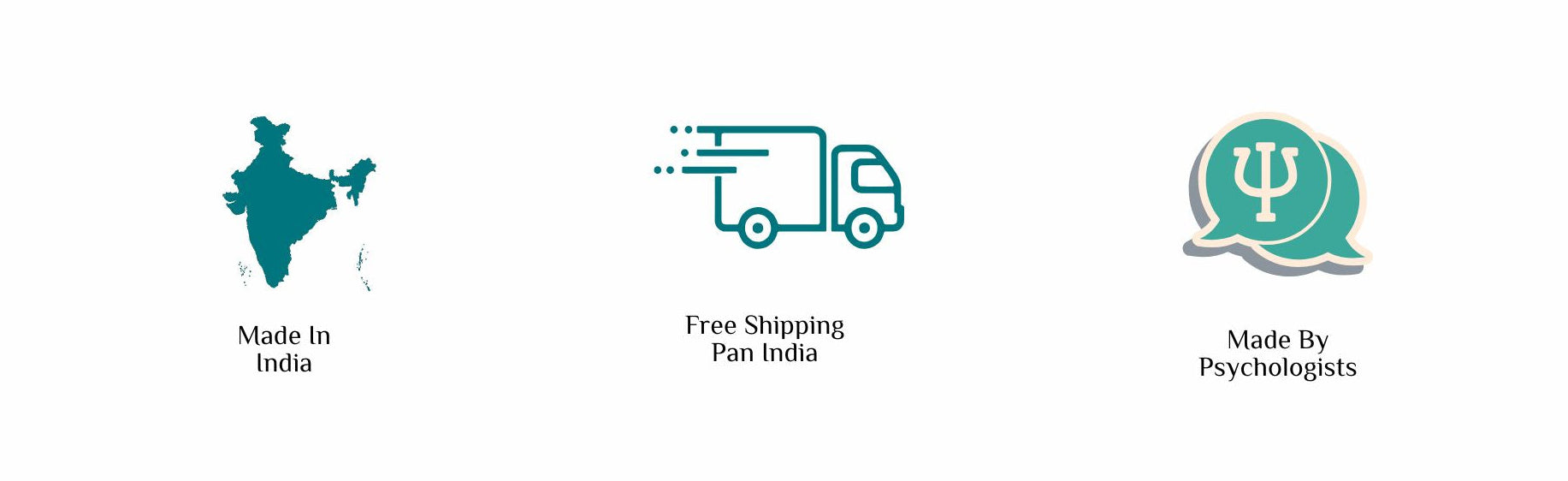Three icons showing Guiding Koi benefits: Made in India, Free Shipping Pan India, and products created by psychologists.