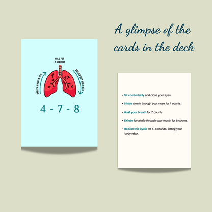 Preview of Guiding Koi’s Calm Deck card illustrating the 4-7-8 breathing technique, with step-by-step guidance for mindful breathing and relaxation to reduce stress and anxiety.