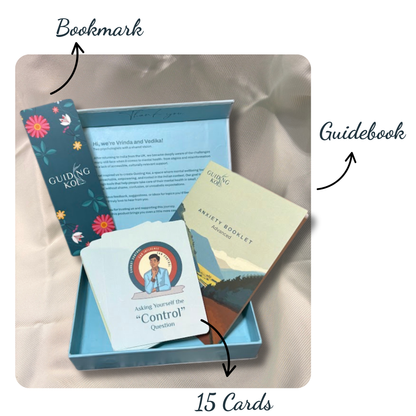 Open Guiding Koi Calm Deck Advance Edition box showing 15 illustrated mindfulness cards, a floral bookmark, and an Anxiety Booklet guidebook - all designed by psychologists to support emotional wellbeing.