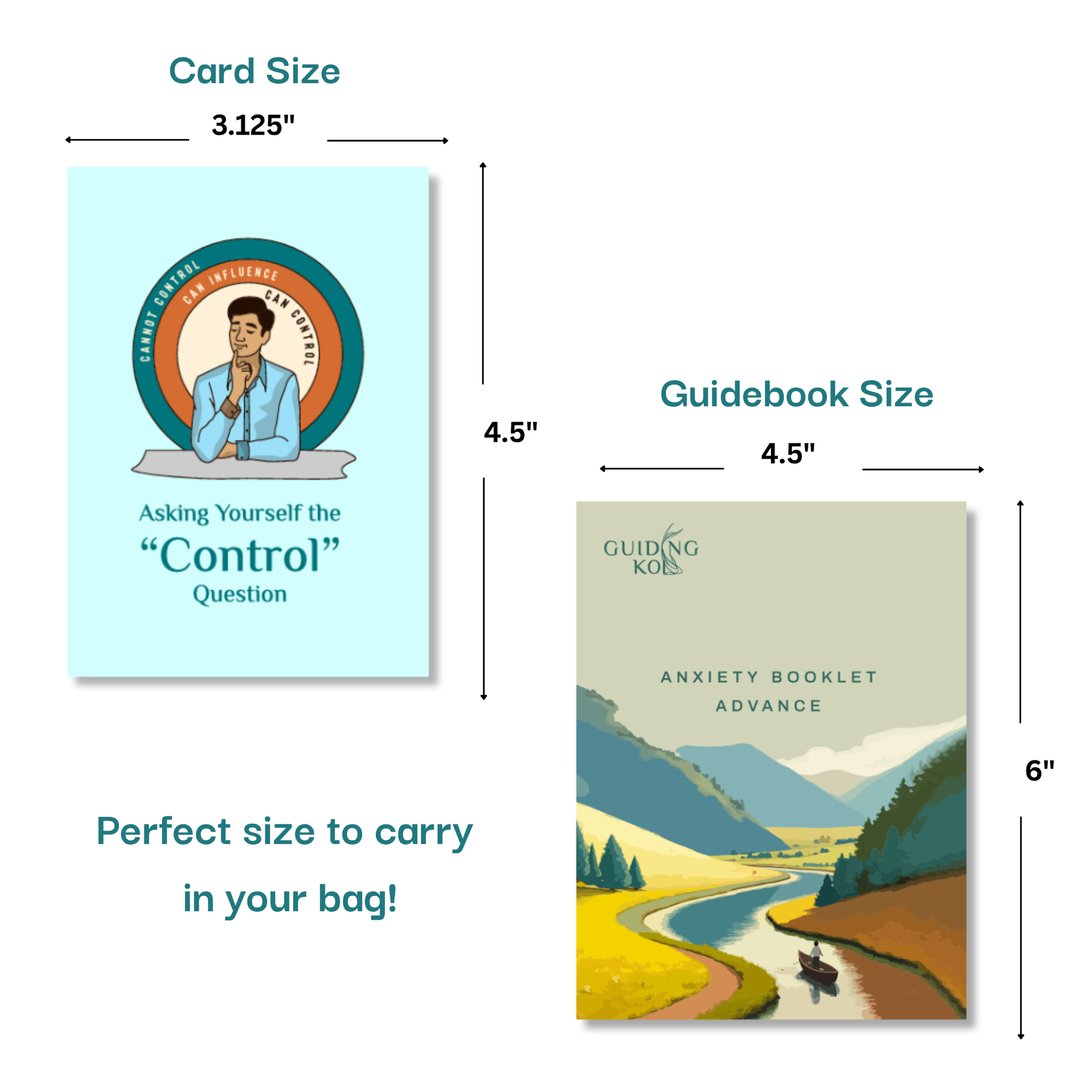 Size comparison of Guiding Koi’s Calm Deck Advance Edition card titled “Asking Yourself the Control Question” and the Anxiety Booklet Advance guidebook, both compact and travel-friendly for everyday stress management.