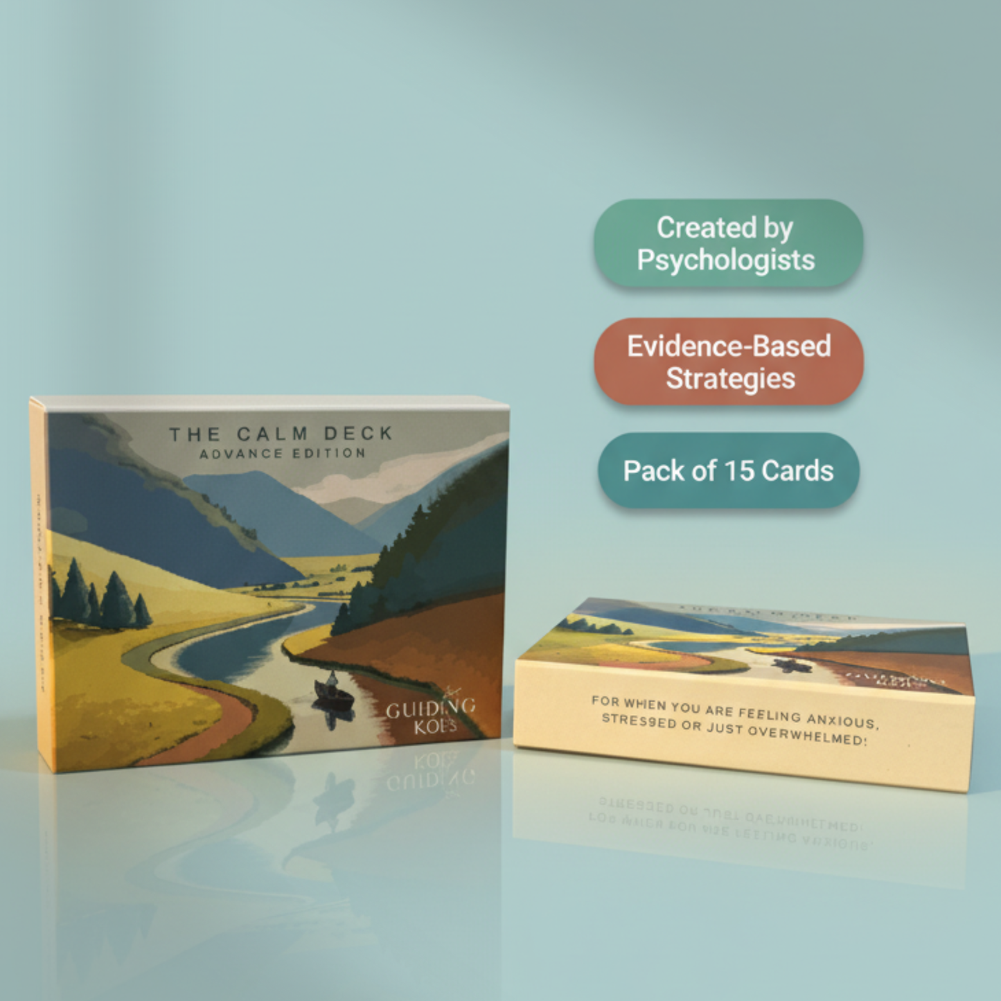 The Calm Deck Advance Edition by Guiding Koi, a pack of 15 cards created by psychologists with evidence-based strategies to manage anxiety, stress, and emotional overwhelm.