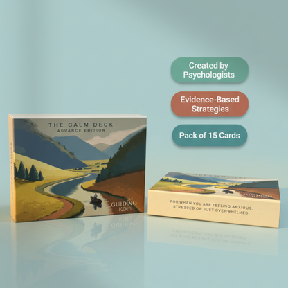 The Calm Deck Advance Edition by Guiding Koi, a pack of 15 cards created by psychologists with evidence-based strategies to manage anxiety, stress, and emotional overwhelm.