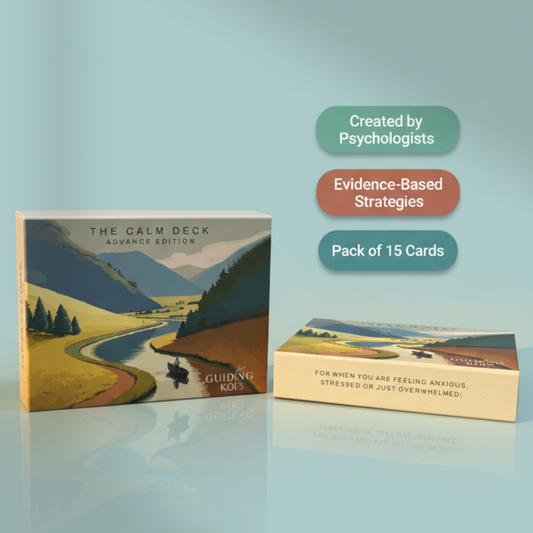 The Calm Deck Advance Edition by Guiding Koi, a pack of 15 cards created by psychologists with evidence-based strategies to manage anxiety, stress, and emotional overwhelm.