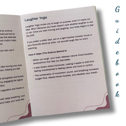 Open Guiding Koi Calm Deck guidebook showing the “Laughter Yoga” technique - an evidence-based exercise explaining how intentional laughter boosts mood, eases anxiety, and lowers stress hormones.
