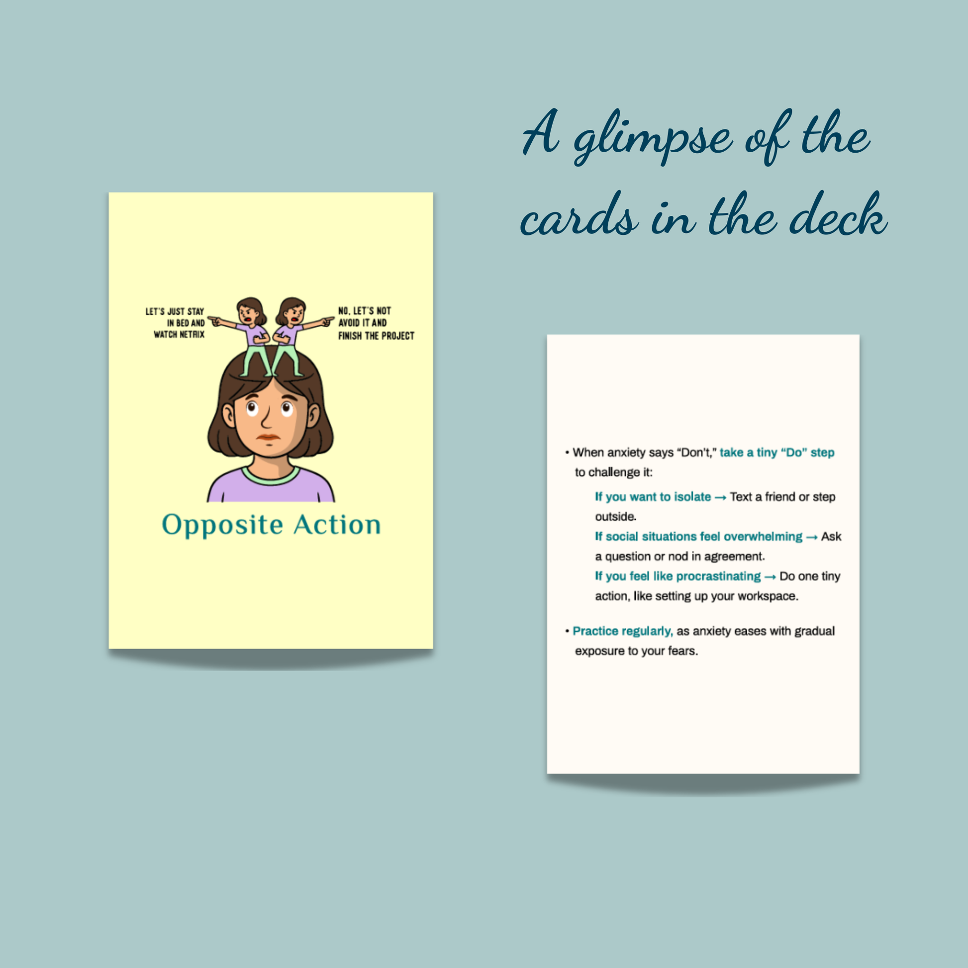 Preview of Guiding Koi’s Calm Deck card titled “Opposite Action,” illustrating a woman choosing between avoidance and action, with step-by-step tips to overcome anxiety through small positive behaviors.