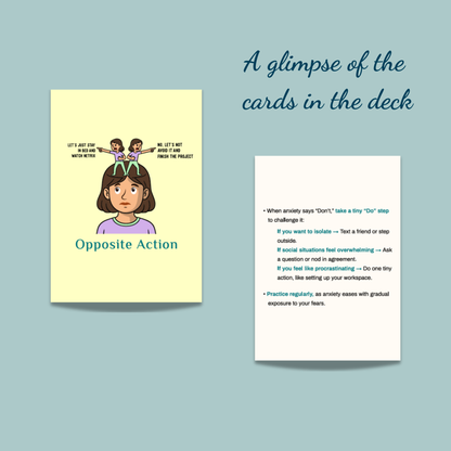 Preview of Guiding Koi’s Calm Deck card titled “Opposite Action,” illustrating a woman choosing between avoidance and action, with step-by-step tips to overcome anxiety through small positive behaviors.