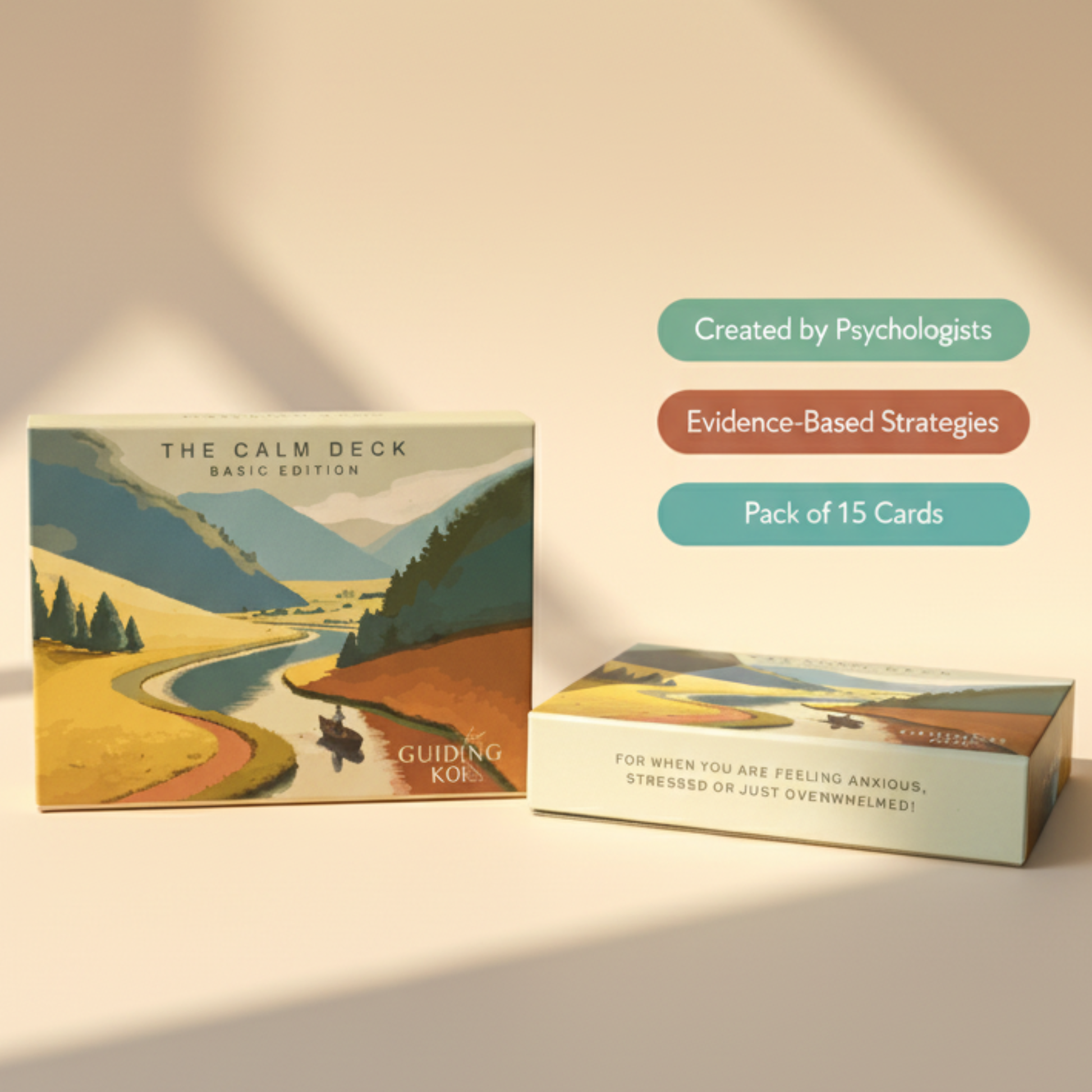 Photograph of The Calm Deck by Guiding Koi - a box of 15 cards designed by psychologists with evidence-based strategies to help ease anxiety, stress, and overwhelm.