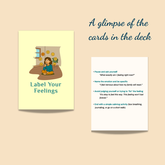 Preview of Guiding Koi’s Calm Deck card titled “Label Your Feelings,” featuring practical prompts to identify emotions, practice self-awareness, and calm anxiety.
