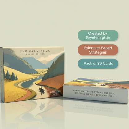 The Calm Deck Bundle Edition by Guiding Koi, a pack of 30 cards created by psychologists with evidence-based strategies to help ease anxiety, stress, and overwhelm.