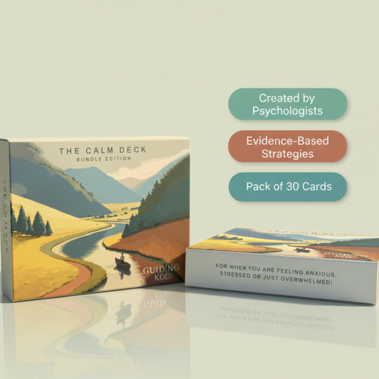 The Calm Deck Bundle Edition by Guiding Koi, a pack of 30 cards created by psychologists with evidence-based strategies to help ease anxiety, stress, and overwhelm.