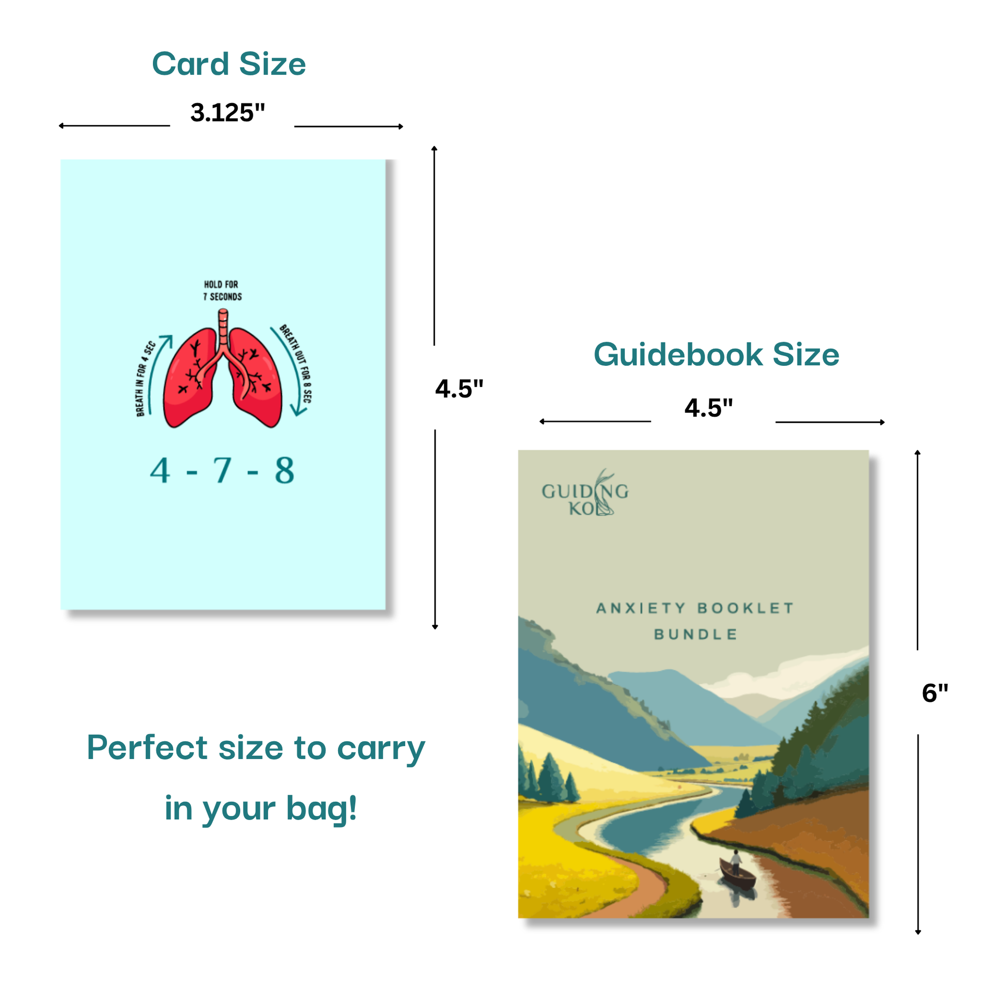 Size comparison of Guiding Koi’s Calm Deck card featuring the 4-7-8 breathing exercise and the Anxiety Booklet Bundle guidebook, both compact and easy to carry for daily stress relief.