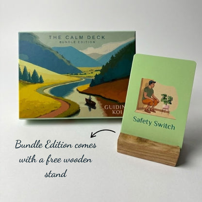 The Calm Deck Bundle Edition by Guiding Koi displayed with a free wooden card stand, featuring anxiety-relief strategy cards for mindfulness and stress management.