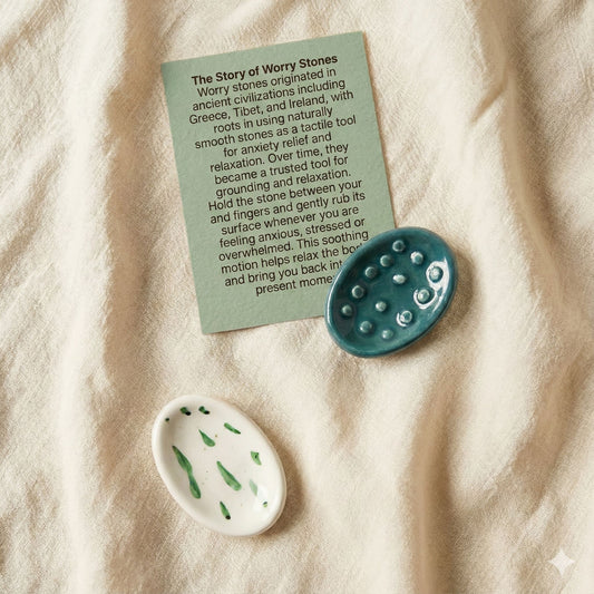 A set of handmade ceramic worry stones with tactile textures placed on soft fabric, alongside a green story card explaining the history and calming benefits of worry stones. Includes a teal textured stone and a white stone with green accents, designed for grounding and anxiety relief.