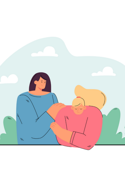Illustration of two people supporting each other, symbolizing Guiding Koi’s values of compassion, empathy, care, and emotional safety in mental health support.