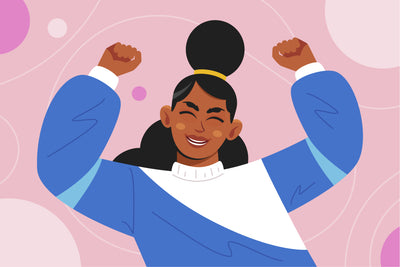 Illustration of a joyful person raising their arms in celebration, symbolising empowerment through practical mental health tools and self-awareness by Guiding Koi.