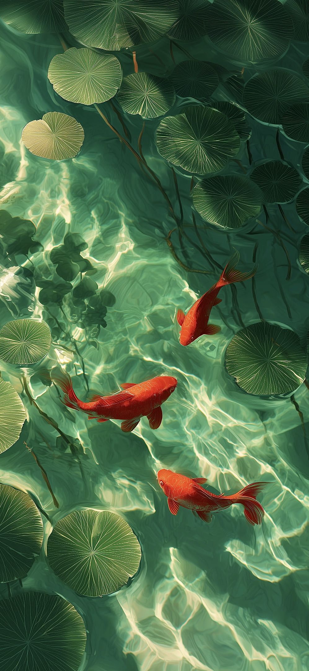 Two vibrant orange koi fish swimming gracefully among green lily pads — symbolizing calm, resilience, and mindful balance central to Guiding Koi’s philosophy.
