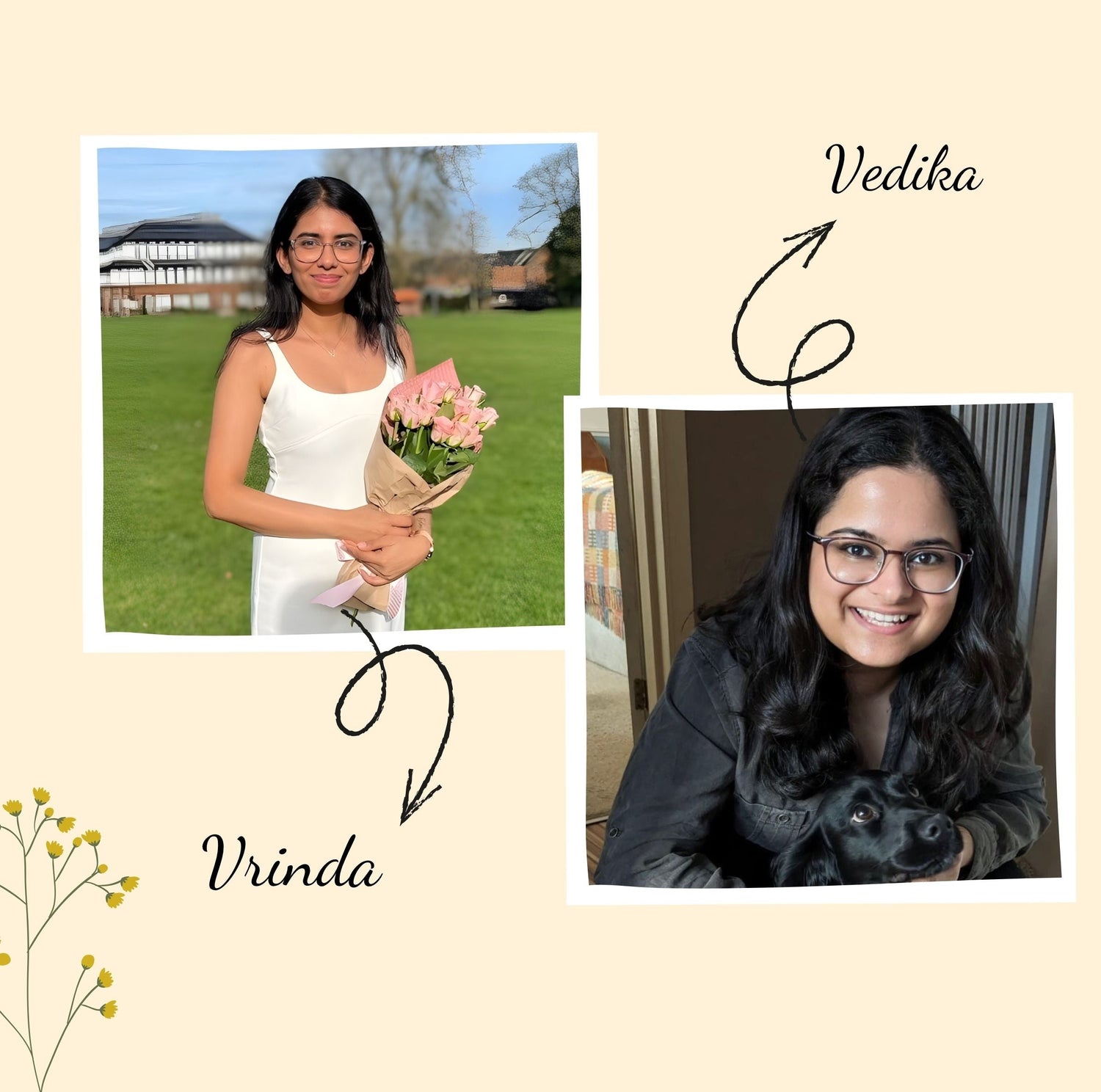 Two co-founders of Guiding Koi  - Vrinda and Vedika, smiling in a warm, minimal design layout - symbolizing the people behind the brand’s mindful and evidence-based wellness tools.