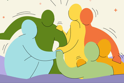 Illustration of diverse figures joining hands in unity, representing Guiding Koi’s commitment to inclusivity, acceptance, and fostering a sense of belonging.