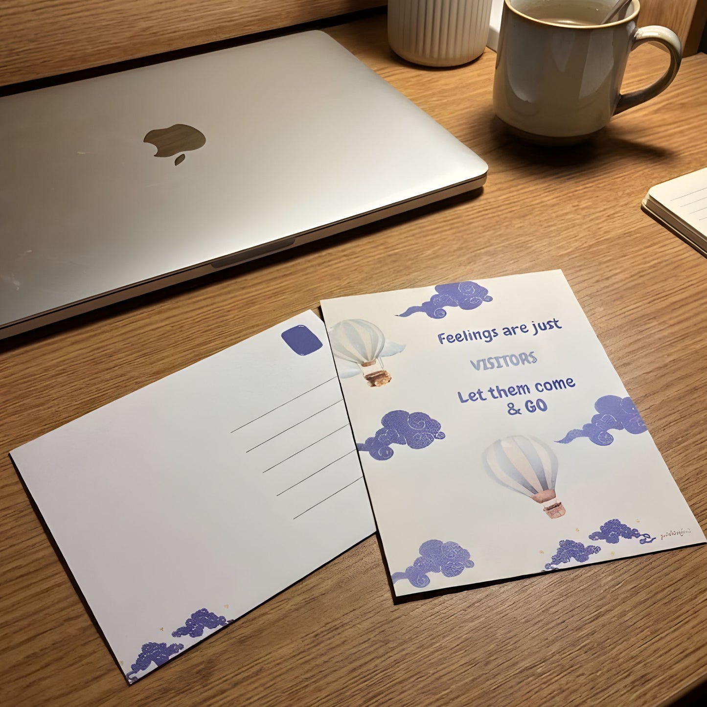 Guiding Koi illustrated affirmation postcard with the message 'Feelings Are Just Visitors' – mental wellness gift India