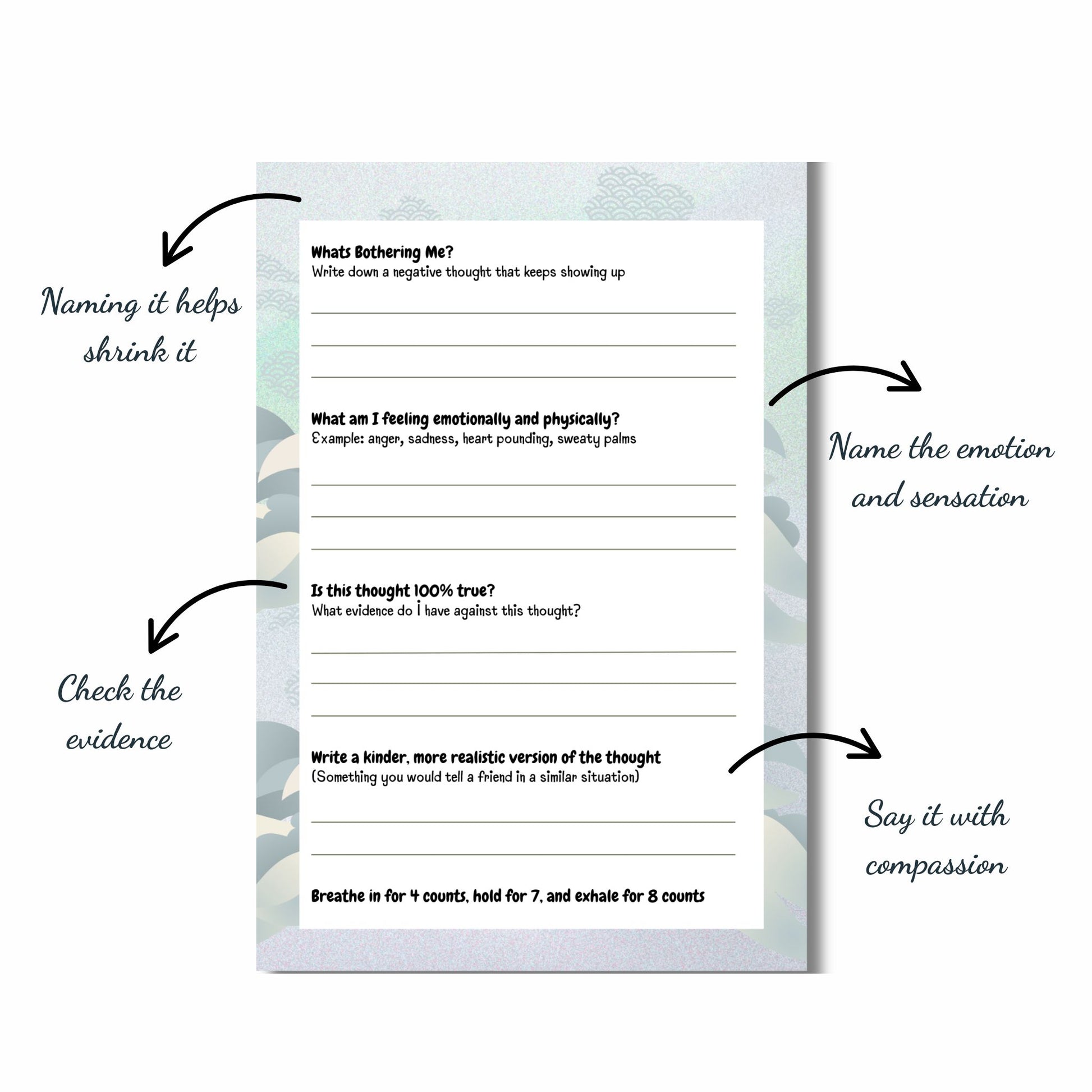 A guided CBT-inspired Reframe Notepad page by Guiding Koi with handwritten-style annotations showing how to identify negative thoughts, name emotions, check evidence, and rewrite kinder, realistic thoughts.