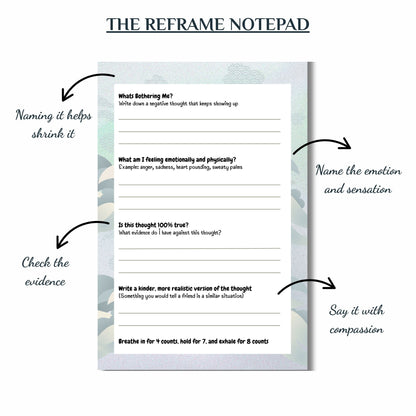 Guiding Koi Reframe and Unwind notepads from the Negative Thoughts bundle displayed on a desk with stickers