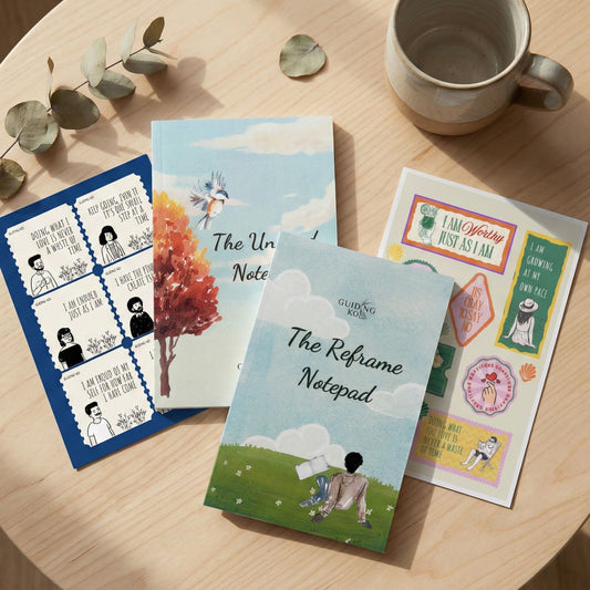 Guiding Koi Negative Thoughts Chhoo Mantar bundle – Unwind Notepad, Reframe Notepad, and sticker sheets
