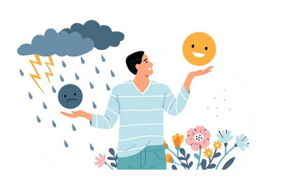 Illustration of a person standing in the rain holding a smiling sun, symbolizing emotional resilience and how Guiding Koi tools help recover from stress and setbacks.