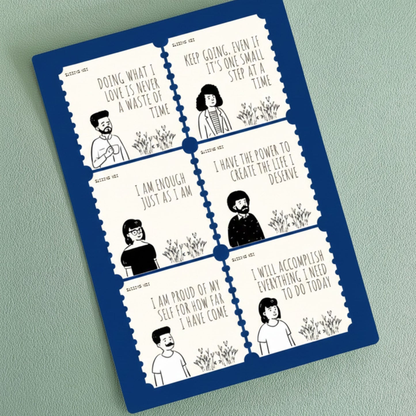 A5 motivational quote sticker sheet with 6 positive affirmation vinyl stickers featuring simple black-and-white illustrations and quotes like I Am Enough, Keep Going, and I Am Proud of Myself.