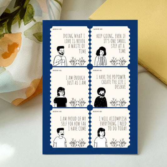 A5 motivational quote vinyl sticker sheet with 6 waterproof stickers featuring simple illustrations and positive affirmations like I Am Enough, Keep Going, and I Am Proud of Myself.