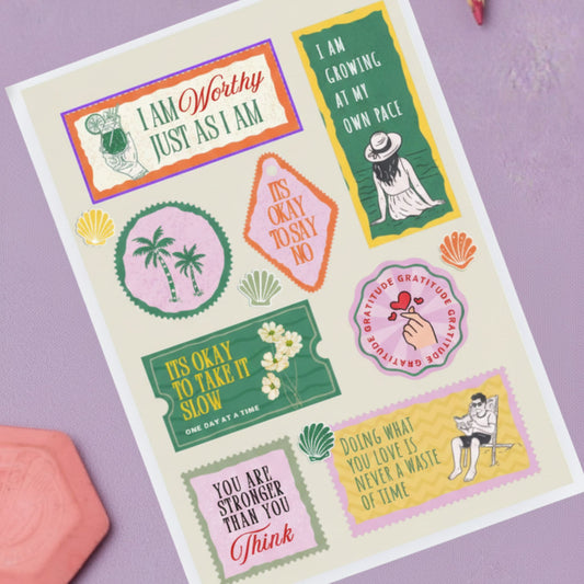 Positive affirmation and motivational sticker sheet featuring colorful uplifting quotes like I Am Worthy, It’s Okay to Take It Slow, and You Are Stronger Than You Think.