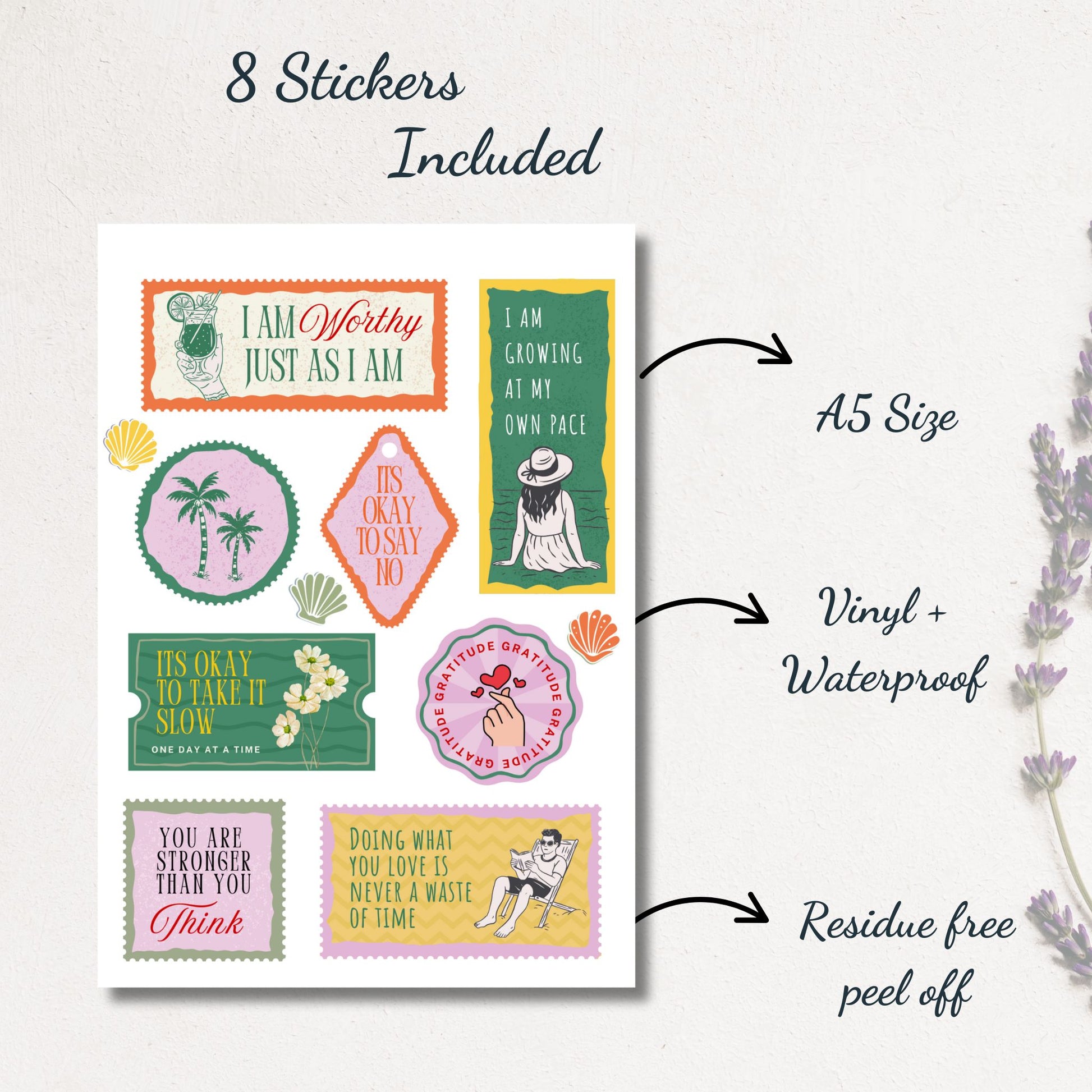 A5 positive affirmation vinyl sticker sheet with 8 waterproof, residue-free stickers including quotes like I Am Worthy, It’s Okay to Say No, and You Are Stronger Than You Think.