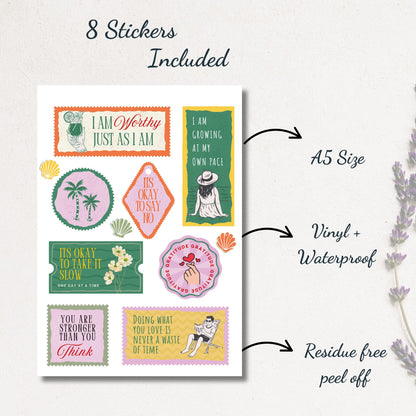A5 positive affirmation vinyl sticker sheet with 8 waterproof, residue-free stickers including quotes like I Am Worthy, It’s Okay to Say No, and You Are Stronger Than You Think.