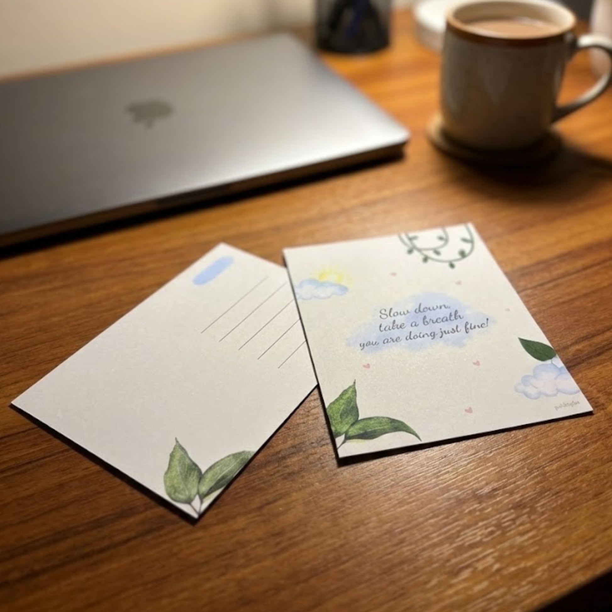 Guiding Koi illustrated affirmation postcard with the message 'Slow Down' – mindfulness gift for mental wellness India
