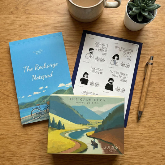 Guiding Koi Starter Calm Kit bundle – Calm Deck Basic, Recharge Notepad, and affirmation sticker sheet